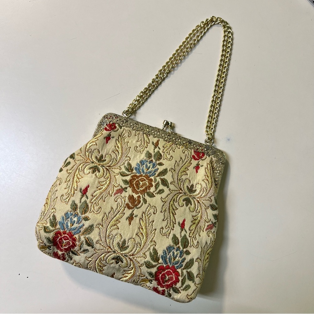 La Regale Vintage Floral Print Kiss Lock gold plated Chain Small Clutch Bag